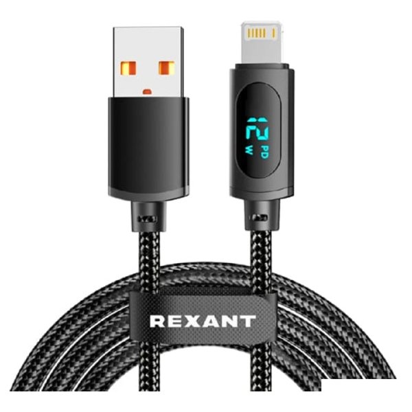 Rexant (18-7062) Кабель USB-A – Lightning для Apple, 2,4А, 1м, в черной нейлоновой оплетке, c LED дисплеем