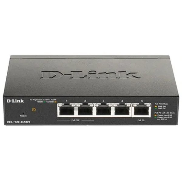 D-Link DGS-1100-05PDV2/A1A Настраиваемый L2 коммутатор с 5 портами 10/100/1000Base-T (2 порта PoE, 1 порт для питания коммутатора по PoE). (Питание осуществляется только по PoE.)