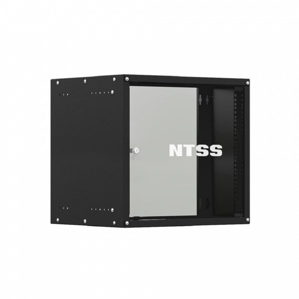 NTSS Шкаф настенный телекоммуникационный NTSS LIME 9U 550х450х500мм, 2 профиля 19, дверь стеклянная, боковые стенки несъемные, разобранный, черный RAL 9005 NTSS-WL9U5545GS-BL
