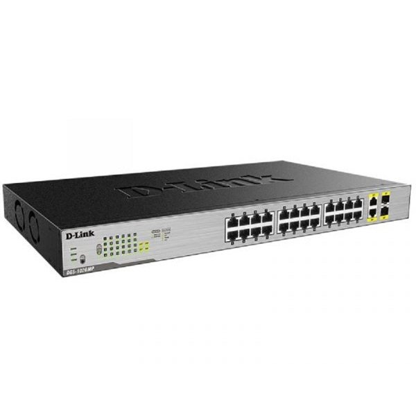 D-Link DGS-1026MP/B1A Неуправляемый коммутатор с 24 портами 10/100/1000Base-T, 2 комбо-портами 100/1000Base-T/SFP (24 порта PoE 802.3af/at, PoE-бюджет 370 Вт)