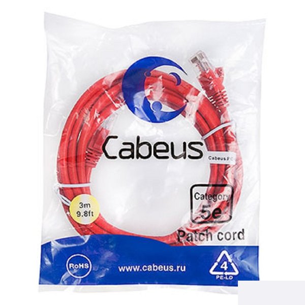 Cabeus PC-UTP-RJ45-Cat.5e-3m-RD-LSZH Патч-корд U/UTP, категория 5е, 2xRJ45/8p8c, неэкранированный, красный, LSZH, 3м