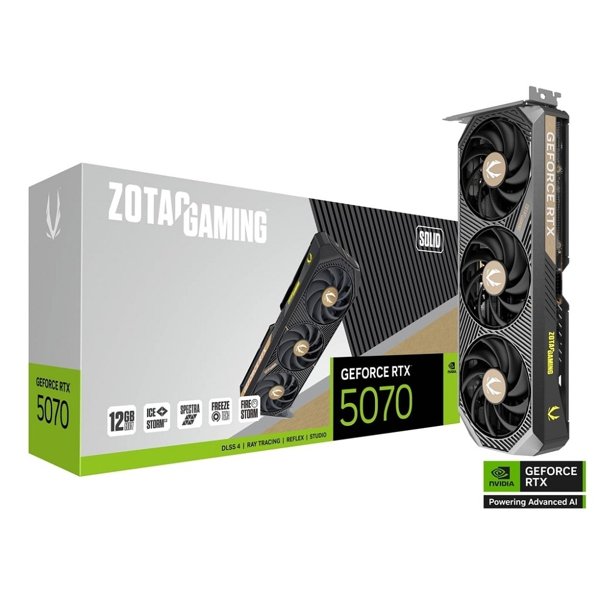 Видеокарта ZOTAC GAMING GeForce RTX 5070 SOLID NV 12Gb DDR7 192 bit  2165/2512 MHz  3*DP/HDMI 3*FAN (ZT-B50700D-10P) RTL