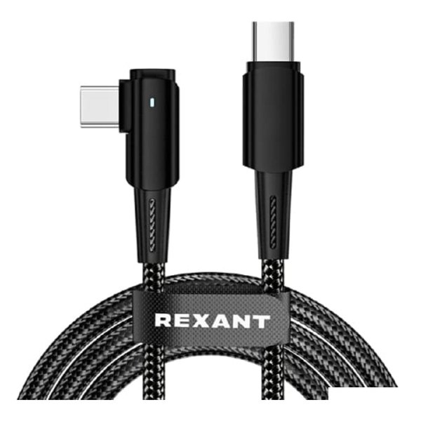 Rexant (18-7070) Кабель Type-C – Type-C, 5А, 100Вт, 1м, в черной нейлоновой оплетке, с угловым штекером и световой индикацией