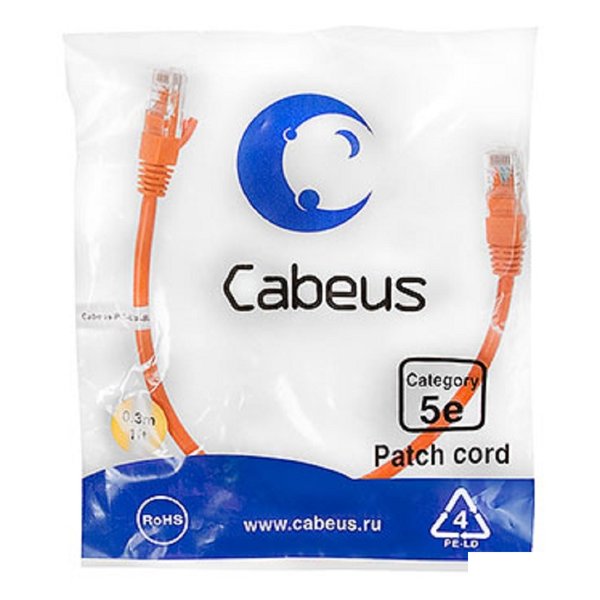 Cabeus PC-UTP-RJ45-Cat.5e-0.3m-OR-LSZH Патч-корд U/UTP, категория 5е, 2xRJ45/8p8c, неэкранированный, оранжевый, LSZH, 0.3м