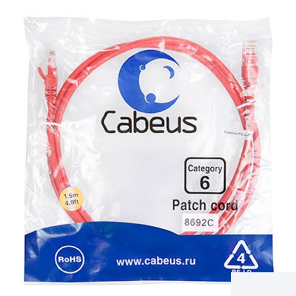 Cabeus PC-UTP-RJ45-Cat.6-1.5m-RD Патч-корд U/UTP, категория 6, 2xRJ45/8p8c, неэкранированный, красный, PVC, 1.5м