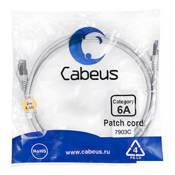 Cabeus PC-SSTP-RJ45-Cat.6a-2m-LSZH Патч-корд S/FTP, категория 6а (10G), 2xRJ45/8p8c, экранированный, серый, LSZH, 2м
