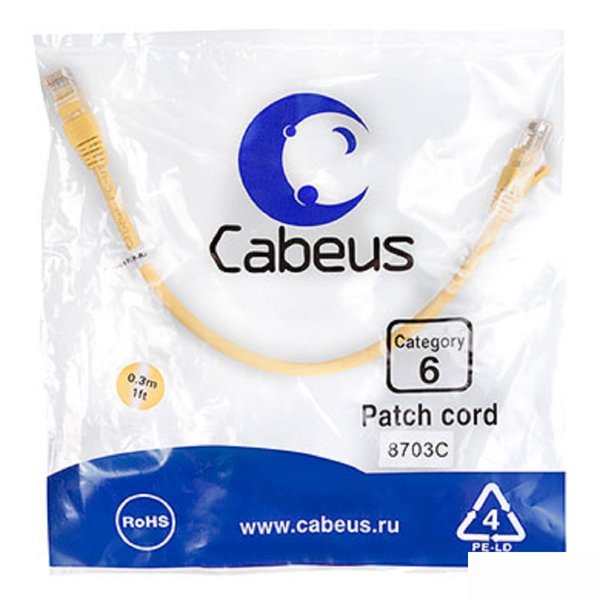 Cabeus PC-UTP-RJ45-Cat.6-0.3m-YL Патч-корд U/UTP, категория 6, 2xRJ45/8p8c, неэкранированный, желтый, PVC, 0.3м