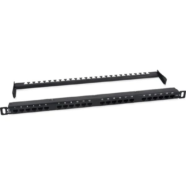 Cabeus PLHD-24-Cat.5e-Dual-180-0,5U Патч-панель высокой плотности 19" (0,5U), 24 порта RJ-45, категория 5e, Dual IDC,180 градусов, с задним кабельным организатором
