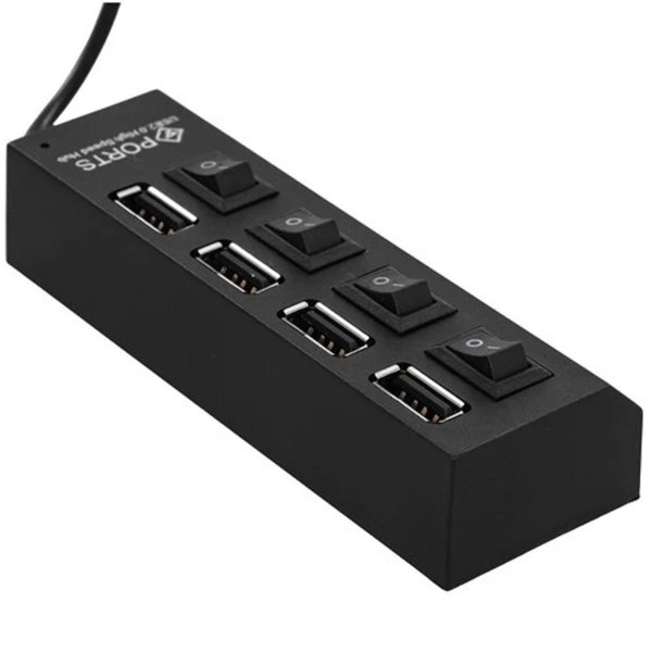 Gembird Разветвитель USB2.0 4xUSB, блок питания 2А, подсветка и выкл, кабель USB 55см, черный (UHB-U2P4-02A)