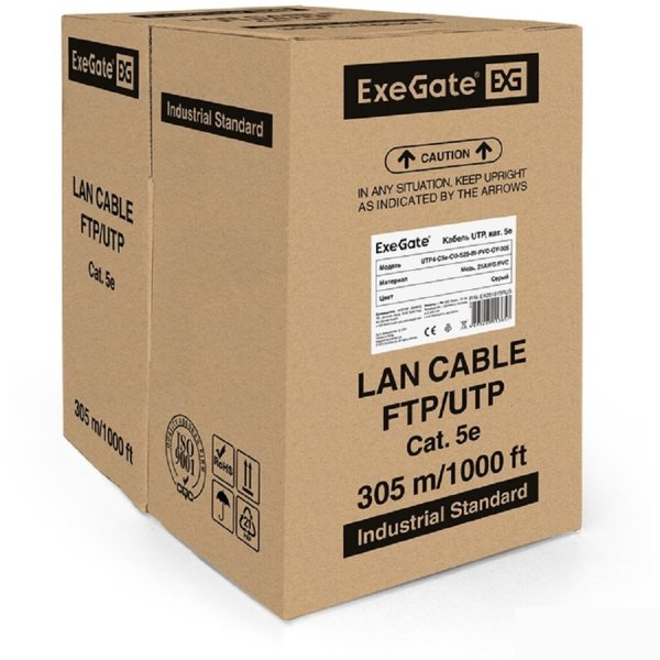 Exegate EX281815RUS Кабель Exegate  UTP4-C5e-CU-S25-IN-PVC-GY-305 UTP 4 пары кат.5e медь, 25AWG, бухта 305м, серый,  PVC