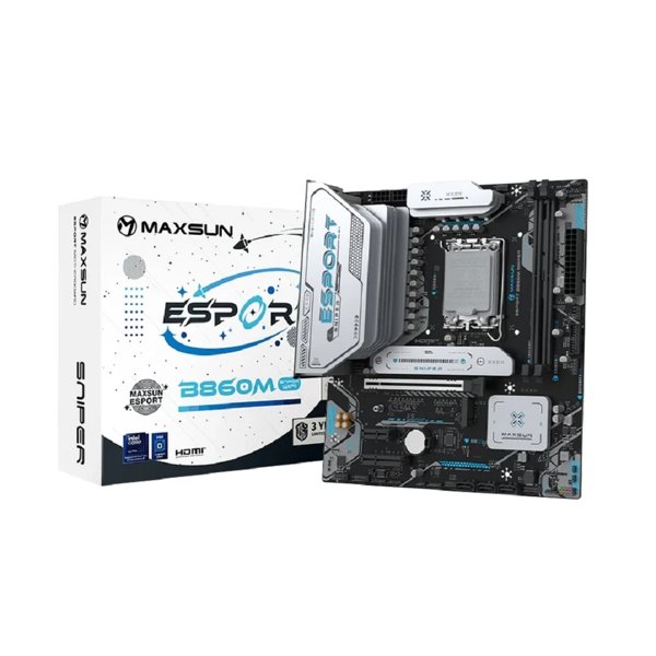 MAXSUN MS-eSport B860M SNIPER WIFI (Socket 1851, mATX, 2*DDR5(96Gb), DP/HDMI, 2xSATA3, 2*M.2,xPCI-Ex16 /1xPCI-Ex4/1xPCI-Ex1, 4*USB 2.0, 4*USB 3.2, LAN 1*2.5G, Bluetooth, Wi-Fi6, ARGB, RTL)