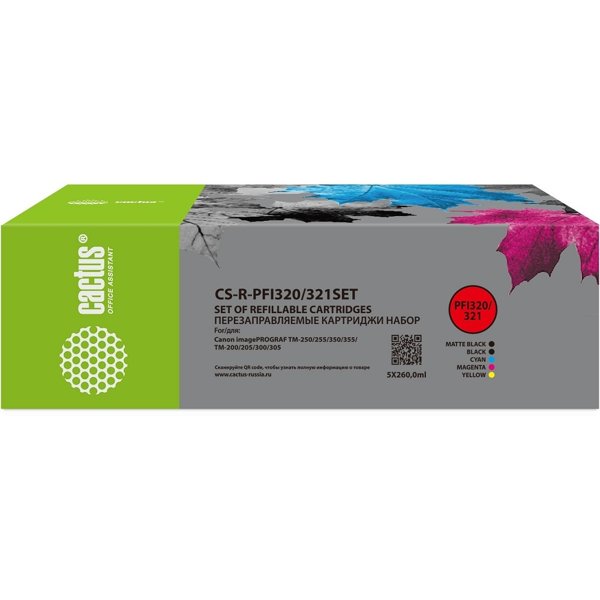 Картридж перезаправляемый струйный Cactus CS-R-PFI320/321SET черный/черный матовый/голубой/желтый/пурпурный набор 5шт.упак. для Canon imagePROGRAF TM-200/200MFP/205/300/300MFP/305/250/255/350/355 без