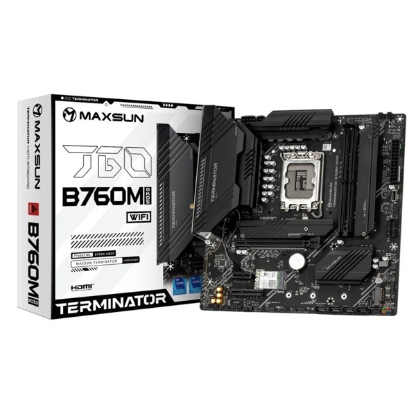 MAXSUN MS-Terminator B760M GKD5 WIFI (Socket 1700, mATX, 2*DDR5(96Gb), DP/HDMI, 4*SATA3, 3*M.2, 1xPCI-Ex16/1*PCIEx4/1*PCIEx1, 6*USB 2.0, 2*USB 3.2, LAN 1*2.5G, Wi-Fi 6, RTL)