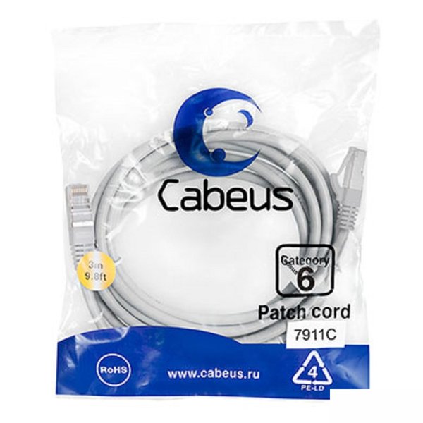 Cabeus PC-FTP-RJ45-Cat.6-3m-LSZH Патч-корд F/UTP, категория 6, 2xRJ45/8p8c, экранированный, серый, LSZH, 3м