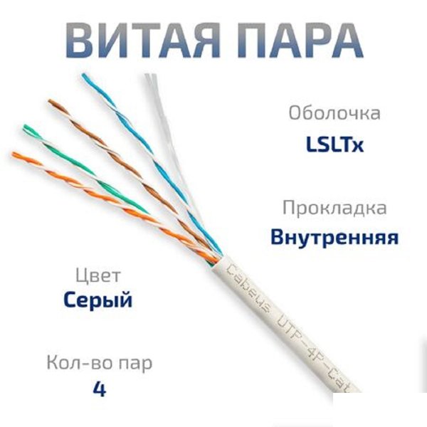 Cabeus UTP-4P-Cat.5e-SOLID-LSLTx-GY-25 Кабель витая пара UTP (U/UTP), категория 5e, 4 пары (24 AWG), одножильный, нг(А)-LSLTx, серый (25 м)