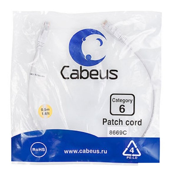 Cabeus PC-UTP-RJ45-Cat.6-0.5m-WH Патч-корд U/UTP, категория 6, 2xRJ45/8p8c, неэкранированный, белый, PVC, 0.5м