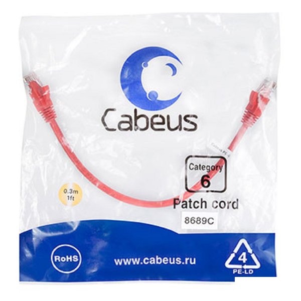 Cabeus PC-UTP-RJ45-Cat.6-0.3m-RD Патч-корд U/UTP, категория 6, 2xRJ45/8p8c, неэкранированный, красный, PVC, 0.3м