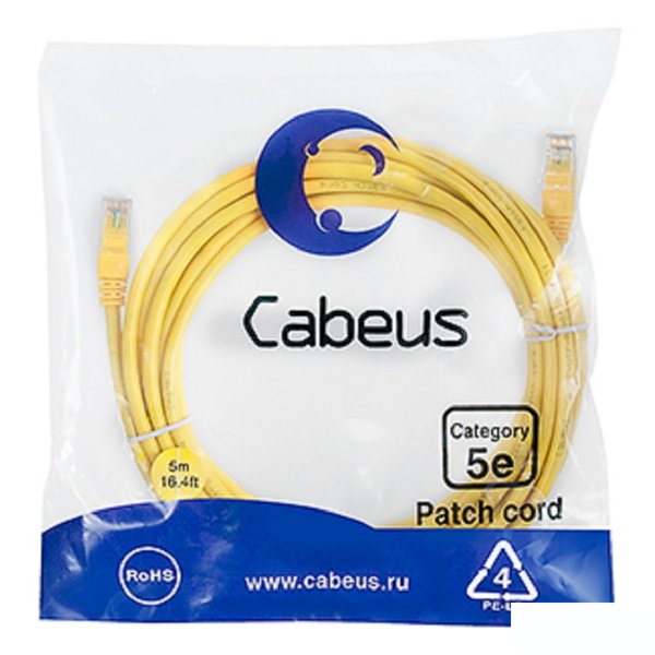 Cabeus PC-UTP-RJ45-Cat.5e-5m-YL-LSZH Патч-корд U/UTP, категория 5е, 2xRJ45/8p8c, неэкранированный, желтый, LSZH, 5м