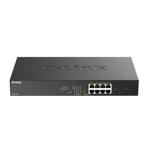 D-Link DGS-1010P/B1A Конфигурируемый коммутатор с 8 портами 10/100/1000Base-T, 2 портами 1000Base-X SFP и DIP-переключателем (8 портов PoE 802.3af/at, PoE-бюджет 125 Вт, дальность до 250 м)