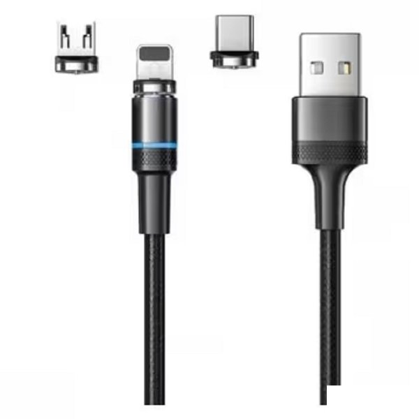 Rexant (18-7076) Кабель USB 3в1 Type-С (2A), Lightning (2,4A), Micro USB (2A), 1,2м, в черной оплетке, с LED подсветкой