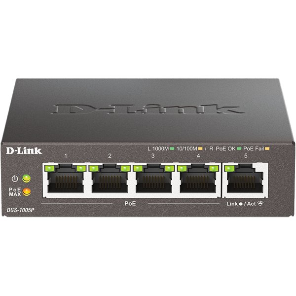D-Link DGS-1005P/B3A Неуправляемый коммутатор с 5 портами 10/100/1000Base-T (4 порта PoE 802.3af/at, PoE-бюджет 60 Вт)
