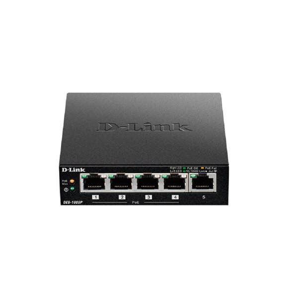 D-Link DES-1005P/B1A Неуправляемый коммутатор с 5 портами 10/100Base-TX, (4 порта PoE 802.3af/at, PoE-бюджет 60 Вт)