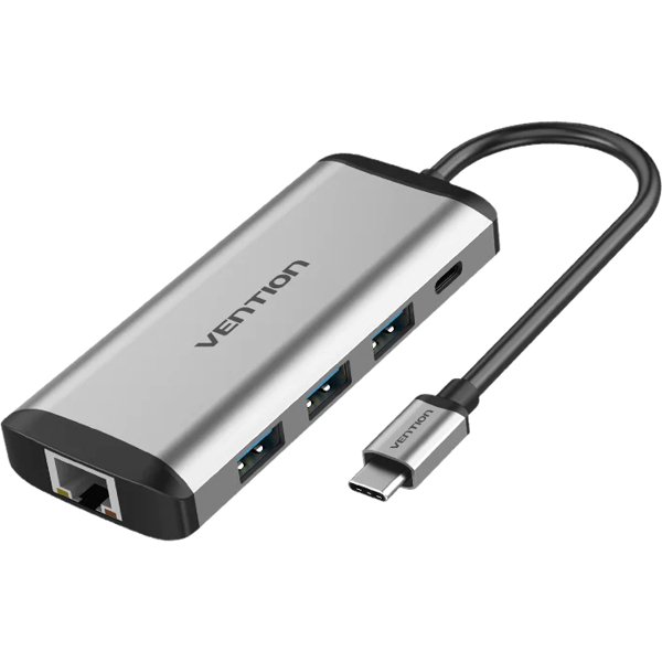 Мультифункциональный хаб Vention USB Type-C M/HDMI F+USB 3.0+TF F+SD F+RJ45+mini jack 3.5 mm F+USB Type-C F (THAHB)
