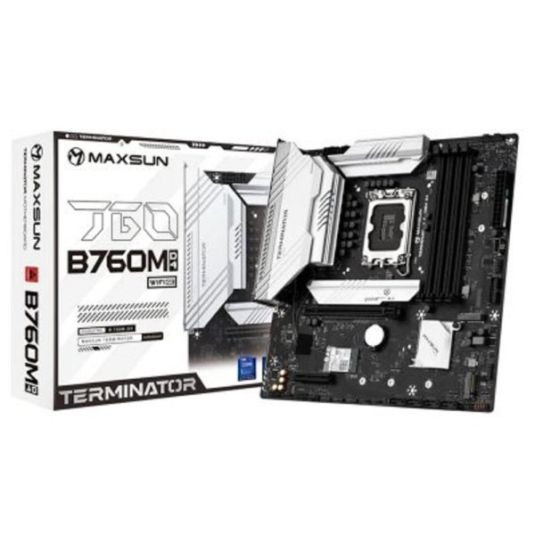 MAXSUN MS-Terminator B760M D4 WIFI6E V2 (Socket 1700, mATX, 4*DDR4(128b), DP/HDMI, 4*SATA3, 3*M.2, 1xPCI-E x16 /1xPCI-E x4, 6*USB 2.0, 2*USB 3.2 GEN2, LAN 1*2.5G,  Bluetooth,  Wi-Fi 802.11ax, RTL)
