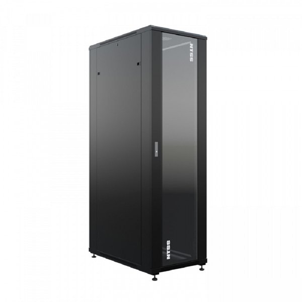 NTSS Шкаф напольный универсальный серверный NTSS R 32U 600х1000мм, 4 профиля 19, двери стекло и сплошная металл, боковые стенки съемные, регулируемые опоры, разобранный, черный RAL 9005 NTSS-R32U60100