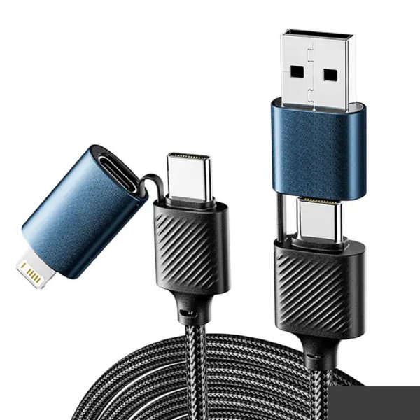 Rexant (18-7094) Кабель 4в1 USB-A, Type-C, Type-C, Lightning 65Вт, 1м, в черной нейлоновой оплетке