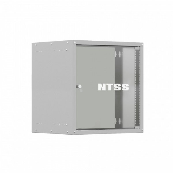 NTSS Шкаф настенный телекоммуникационный NTSS LIME 9U 550х600х500мм, 2 профиля 19, дверь стеклянная, боковые стенки несъемные, разобранный, серый RAL 7035 NTSS-WL9U5560GS