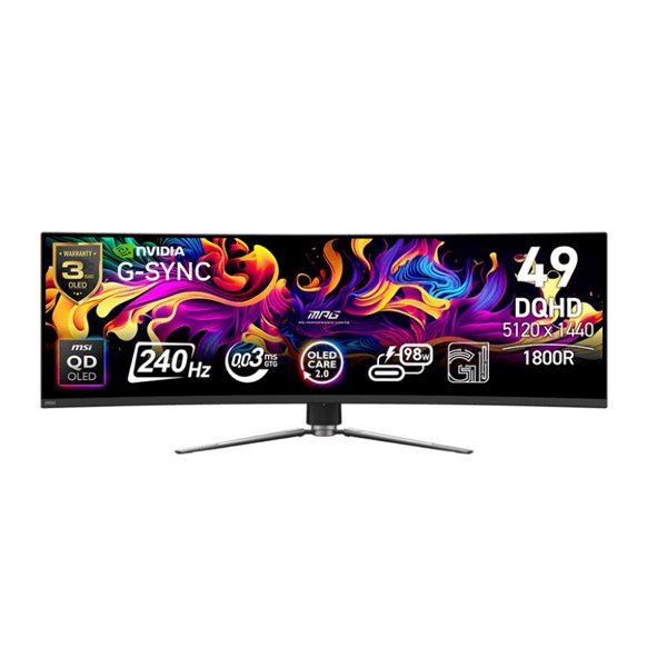 MSI MPG 49" 491CQPX QD-OLED черный {QD-OLED Curved 1800R 5120x1440 240Hz 0.03ms 32:9 250cd 2xHDMI DisplayPort 2xUSB USB-C(90W) Tilt Swiv HAS Vesa}