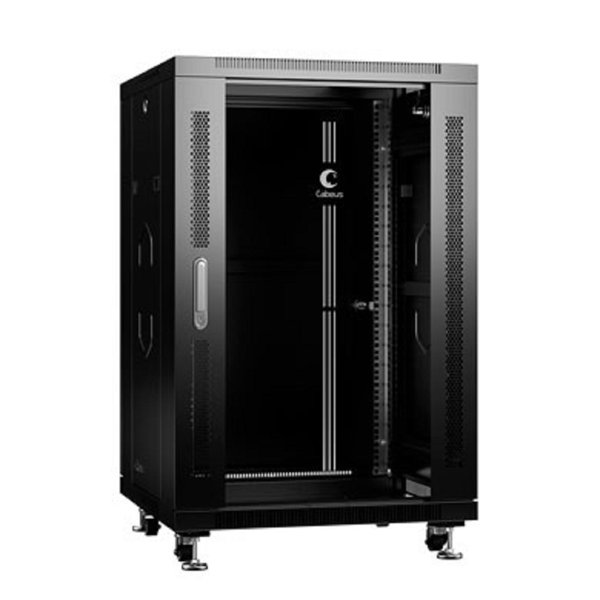 Cabeus SH-05C-18U60/60-BK Шкаф монтажный телекоммуникационный 19" напольный 18U 600x600x988mm (ШхГхВ) передняя стеклянная и задняя сплошная металлическая двери, ручка с замком, цвет черный (RAL 9004)