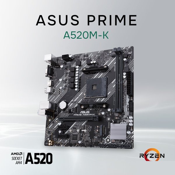 ASUS PRIME A520M-K (Socket AM4, mATX, 2xDDR4(64GB),  VGA/HDMI 2.1, 1xPCIe 3.0x16/2xPCIe 3.0, 1xLAN, 4xSATA 6Gb/s, 1xM.2, 4xUSB 3.2, 2xUSB 2.0, 1xPS/2)