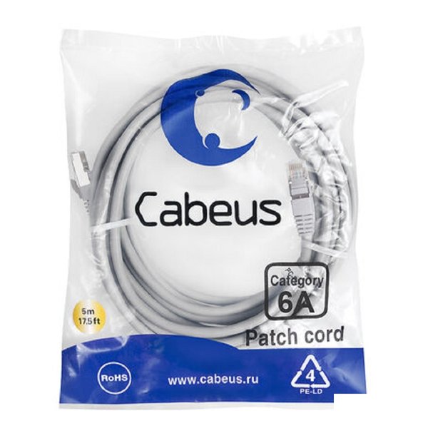 Cabeus PC-SSTP-RJ45-Cat.6a-5m-LSZH Патч-корд S/FTP, категория 6а (10G), 2xRJ45/8p8c, экранированный, серый, LSZH, 5м