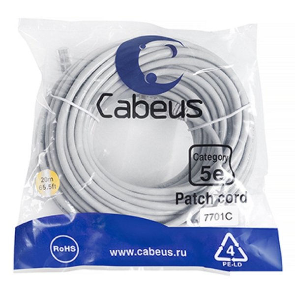 Cabeus PC-UTP-RJ45-Cat.5e-20m Патч-корд U/UTP, категория 5е, 2xRJ45/8p8c, неэкранированный, серый, PVC, 20м