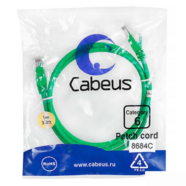 Cabeus PC-UTP-RJ45-Cat.6-1m-GN Патч-корд U/UTP, категория 6, 2xRJ45/8p8c, неэкранированный, зеленый, PVC, 1м