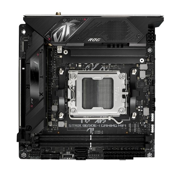 ASUS ROG STRIX B650E-I GAMING WIFI (Socket AM5, mini ITX, 2xDDR5(64GB), HDMI 2.1, 1xPCIe 5.0x16, 1xLAN (2.5GbE), Wi-Fi 6E, BT, 2xSATA 6Gb/s, 2xM.2, 2xType-C, 4xUSB 3.2, 2xUSB 2.0)