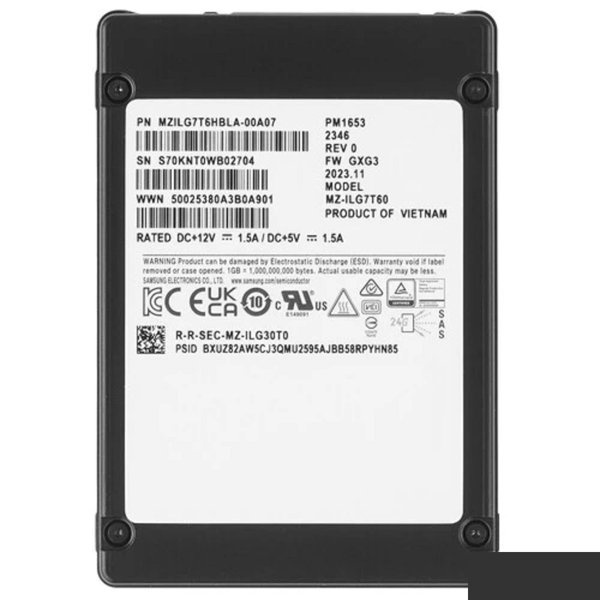 Samsung SSD PM1653, 7680GB, 2.5" 15mm, SAS 24Gb/s, 3D TLC, MZILG7T6HBLA-00A07