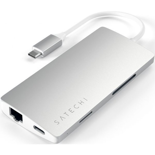 Satech [ST-TCMA2S] Адаптер USB Aluminum Multi-Port Adapter V2. Интерфейс USB-C. 3 порта USB 3.0, 1 порт 4K HDMI,  1 порт Ethernet RJ-45, SD/micro-SD кардридер. Цвет серебряный.