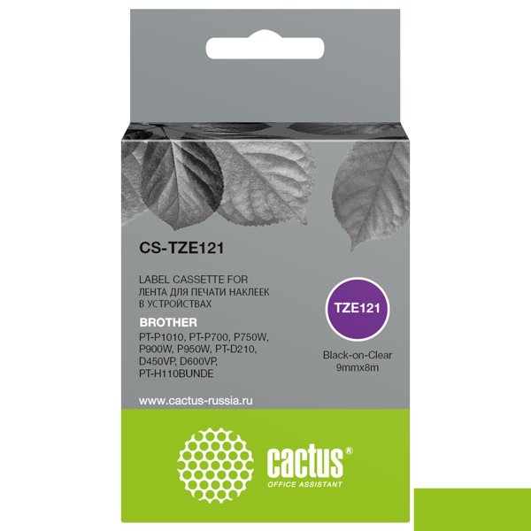 Картридж ленточный Cactus CS-TZE121 TZe-121 черный для Brother PT-P1010, PT-P700, P750W, P900W, P950W, PT-D210, D450VP, D600VP, PT-H110BUNDE