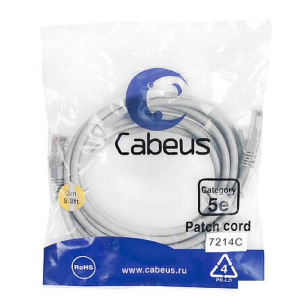 Cabeus PC-UTP-RJ45-Cat.5e-3m Патч-корд U/UTP, категория 5е, 2xRJ45/8p8c, неэкранированный, серый, PVC, 3м