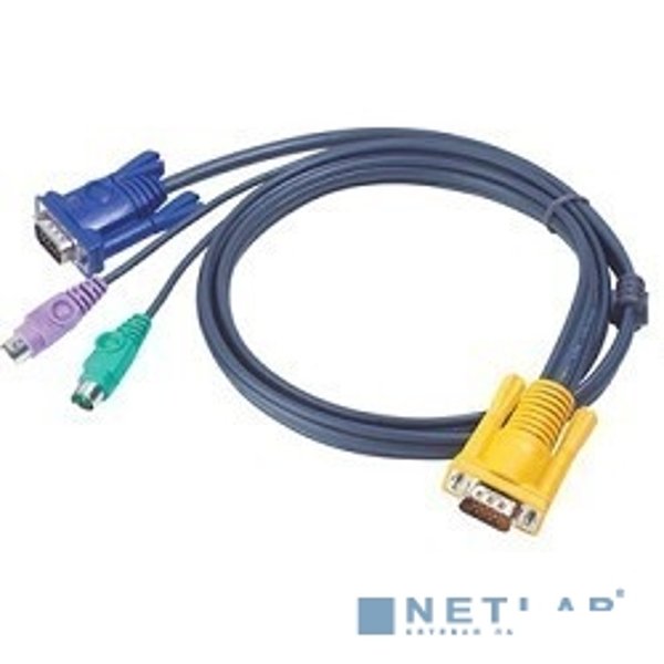 ATEN 2L-5206P Кабель KVM  PS/2(Kлав+мышь)(Male)+HDB15(Male) <-> SPHD15(Male) 6,0м., тонкий, черный.