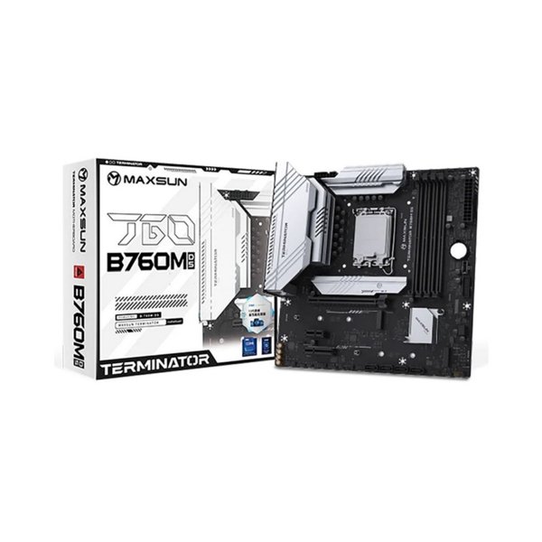 MAXSUN MS-Terminator B760M D5 WIFI 6E (Socket 1700, mATX, 4*DDR5(192Gb), DP/HDMI, 4*SATA3, 3*M.2, 1xPCI-E x16 /1xPCI-E x4/1xPCI-E x1,  6*USB 2.0,  2*USB 3.2 , LAN 1*2.5G, Wi-Fi 6E, BT5.3, RTL)