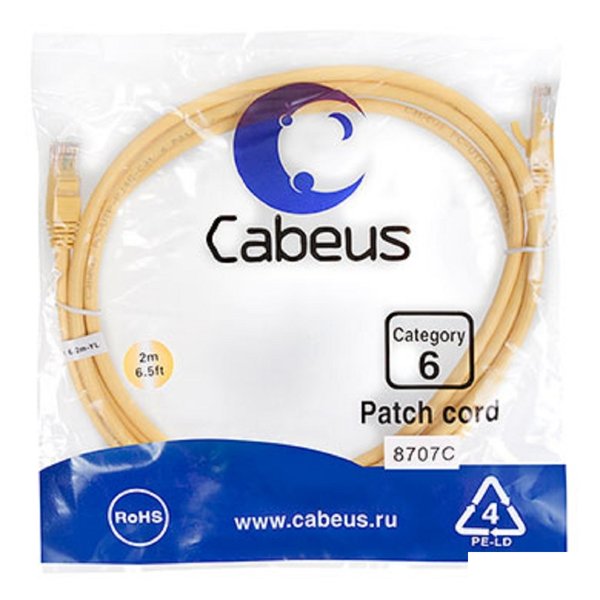Cabeus PC-UTP-RJ45-Cat.6-2m-YL Патч-корд U/UTP, категория 6, 2xRJ45/8p8c, неэкранированный, желтый, PVC, 2м