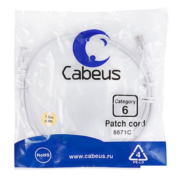 Cabeus PC-UTP-RJ45-Cat.6-1.5m-WH Патч-корд U/UTP, категория 6, 2xRJ45/8p8c, неэкранированный, белый, PVC, 1.5м
