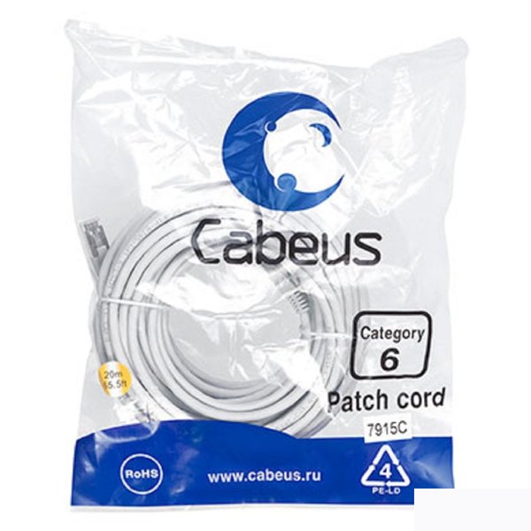 Cabeus PC-FTP-RJ45-Cat.6-20m-LSZH Патч-корд F/UTP, категория 6, 2xRJ45/8p8c, экранированный, серый, LSZH, 20м