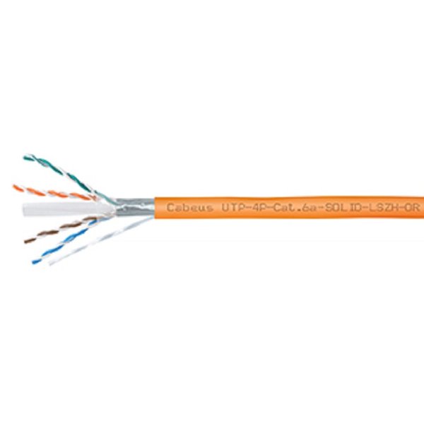 Cabeus UTP-4P-Cat.6a-SOLID-LSZH-OR Кабель витая пара UTP (U/UTP), категория 6A, 4 пары (23 AWG), одножильный, LSZH нг(А)-HF, оранжевый (305 м)