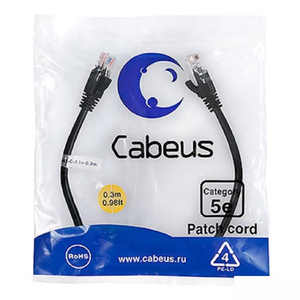 Cabeus PC-UTP-RJ45-Cat.5e-0.3m-BK-LSZH Патч-корд U/UTP, категория 5е, 2xRJ45/8p8c, неэкранированный, черный, LSZH, 0.3м
