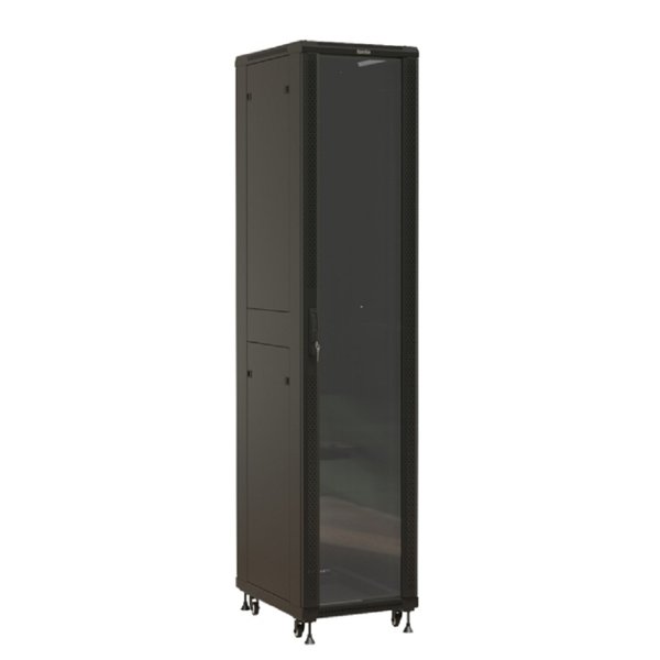 Шкаф серверный Hyperline (TTBR-4261-AS-RAL9004) напольный 42U 600x1000мм пер.дв.стекл задн.дв.спл.стал.лист 2 бок.пан. 800кг черный 910мм 2055мм IP20 сталь